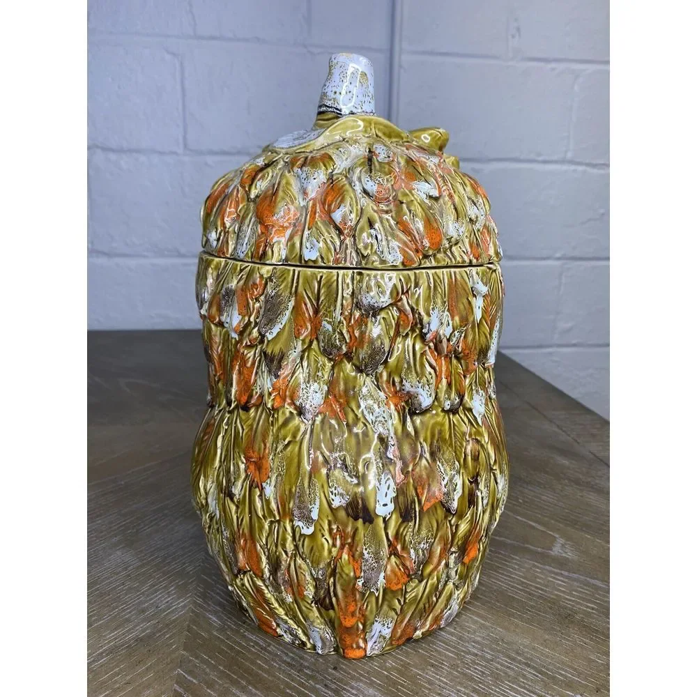 Vintage Owl Cookie Jar Italy Pottery Midcentury Bowtie Glasses Mustard Yellow‎